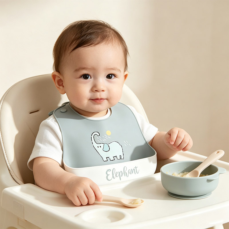 Baby Food Year Old - Baby-Silikon-Lätzchen mit Cartoon-Mustern, Futterfach, wasserdicht, waschbar,