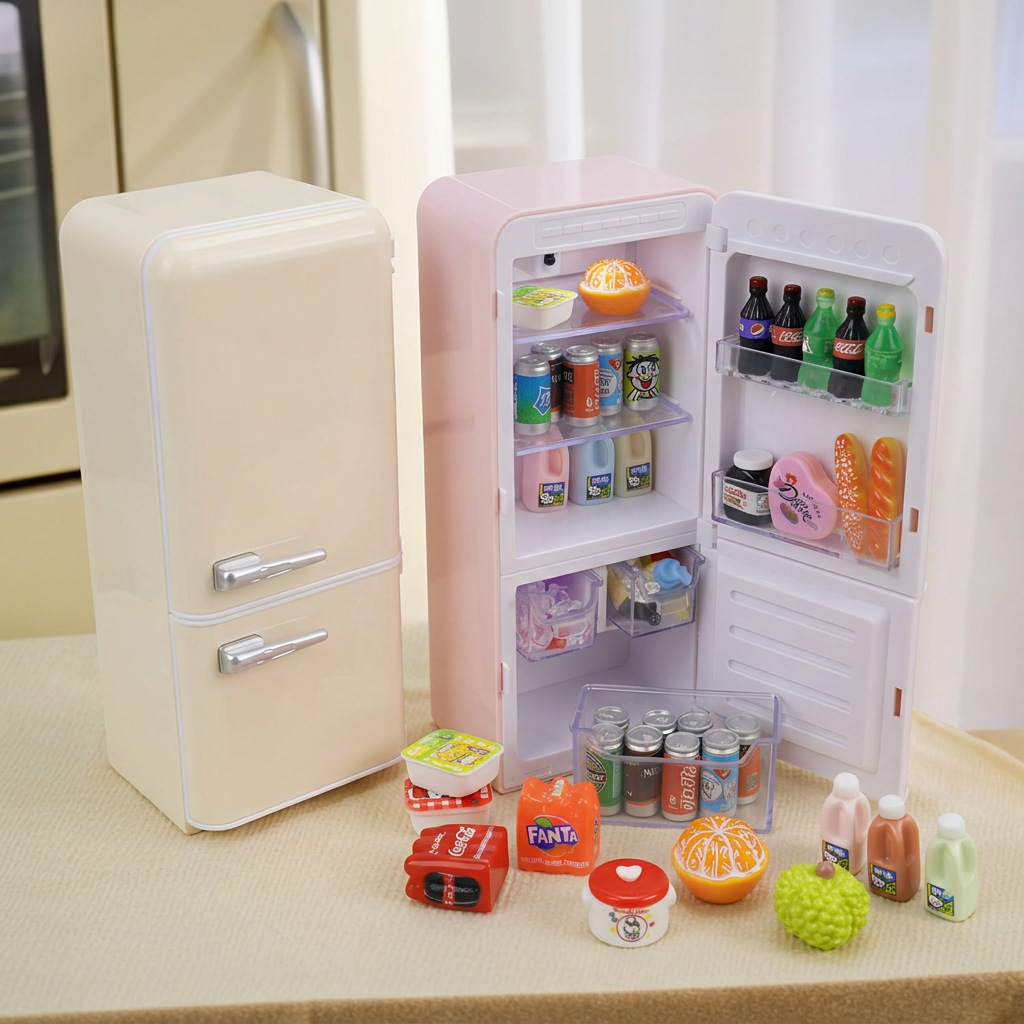 Baby Food Cooking Set - 33-teiliges Kinder-Mini-Kühlschrank-Spielset mit Beleuchtung, Miniatur-Küche, Lebensmittel,